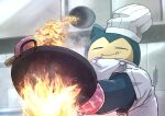  bowl buttons chef_hat closed_eyes closed_mouth clothed_pokemon commentary_request cooking fangs fangs_out fire hat highres indoors jacket kotobukkii_(yt_lvlv) oven_mitts pokemon smile snorlax steam white_headwear 