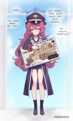  ? blue_archive box box_art brand_name_imitation collared_shirt english_text gehenna_academy_logo grey_eyes gunpla hat highres holding holding_box iroha_(blue_archive) logo_parody long_hair military_uniform military_vehicle model_kit model_tank motor_vehicle necktie panzermeido peaked_cap pencil_skirt red_necktie redhead shirt skirt tamiya_incorporated tank uniform wavy_hair 