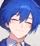  1boy blue_hair blue_headwear closed_eyes closed_mouth collared_shirt commentary facing_viewer kaito_(vocaloid) light_blush male_focus panprika portrait project_sekai shirt short_hair smile solo star_(symbol) 