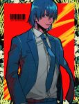  1boy amputee barcode blue_hair blue_jacket blue_necktie chainsaw_man character_name collared_shirt drgryu750 hair_down hayakawa_aki highres jacket necktie outside_border shirt short_hair solo suit suit_jacket white_shirt 