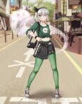  1girl absurdres asymmetrical_skirt belt black_hairband black_ribbon blue_eyes bob_cut bow_hairband crosswalk day glasses green_leggings green_shirt grey_hair hair_ribbon hairband hakurei_fling highres king_boo konpaku_youmu konpaku_youmu_(ghost) leggings midriff_peek miniskirt outdoors print_shirt ribbon road shirt shoes short_hair skirt sneakers solo street super_mario_bros. t-shirt touhou watch watch white_hair 