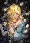  1girl bare_shoulders blonde_hair blush dress earrings falling_petals floral_background flower green_dress green_eyes hair_between_eyes highres holding holding_staff jewelry light long_hair looking_at_viewer nachoz_(nachozart) one_eye_covered petals rosalina solo staff super_mario_bros. upper_body 