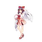  1girl adapted_costume balloon bow bowtie brown_eyes brown_footwear closed_mouth contrapposto detached_sleeves eyewear_on_head floral_print full_body game_cg hair_bow hair_tubes hakurei_reimu hakurei_reimu_(leisurely_shrine_maiden_of_paradise) hand_on_eyewear high_heels highres looking_at_viewer red_bow red_bowtie red_skirt rotte_(1109) shirt sidelocks simple_background skirt smile solo sunglasses third-party_source touhou touhou_lost_word white_background white_shirt wide_sleeves yin_yang yin_yang_print 