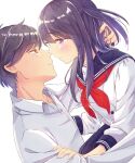 1boy 1girl black_eyes black_hair blue_sailor_collar blue_skirt blush buttons collared_shirt dutch_angle eye_contact face-to-face from_side hair_between_eyes hand_around_neck hetero highres idoly_pride imminent_kiss long_hair long_sleeves looking_at_another makino_kouhei nagase_mana neckerchief one_side_up open_collar parted_lips purple_hair raised_eyebrows red_neckerchief sailor_collar shirt short_hair sidelocks simple_background skirt straight_hair swept_bangs teeth tenmusu_(aw_hd8) violet_eyes white_background white_shirt 