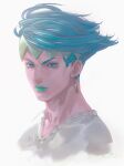  1boy blue_eyes blue_hair closed_mouth collarbone commentary earrings eyelashes green_lips headband highres jewelry jojo_no_kimyou_na_bouken kishibe_rohan kishibe_rohan_wa_ugokanai lipstick makeup male_focus short_hair simple_background solo symbol-only_commentary toiku upper_body white_background 