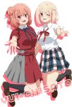  2girls :d ;d belt black_socks blonde_hair blue_ribbon blush bob_cut character_name collared_shirt commentary_request cosplay costume_switch crossover dars_(recolors) dress full_body grey_dress hair_bun hair_ribbon highres kneehighs looking_at_viewer lycoris_recoil lycoris_uniform multiple_girls neck_ribbon nishikigi_chisato nishikigi_chisato_(cosplay) one_eye_closed open_mouth pink_hair plaid plaid_skirt pleated_dress pleated_skirt red_belt red_dress red_eyes red_ribbon ribbon school_uniform shirt short_hair short_sleeves single_side_bun skirt smile sobu_high_school_uniform socks summer_uniform teeth two-tone_dress upper_teeth_only white_shirt yahari_ore_no_seishun_lovecome_wa_machigatteiru. yuigahama_yui yuigahama_yui_(cosplay) 