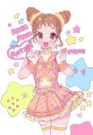  :d absurdres aikatsu! aikatsu!_(series) arisugawa_otome bad_id bow brown_hair checkered_bow checkered_clothes checkered_skirt choker double_bun frilled_choker frilled_skirt frilled_sleeves frills gloves hair_bun highres ichigomilk_us idol orange_eyes ow short_sleeves simple_background skirt smile source standing star_(symbol) thigh-highs white_background white_gloves white_thighhighs wrist_cuffs zettai_ryouiki 