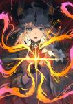  1girl ahoge arknights black_background black_dress black_gloves blonde_hair dragon_girl dragon_horns dress fire gloves green_eyes highres horns long_hair long_sleeves looking_at_viewer official_alternate_costume pi_(p77777778) reed_(arknights) reed_the_flame_shadow_(arknights) solo upper_body 