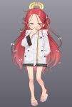  1girl blue_archive blue_eyes blush cigarette coat feet forehead full_body grey_background halo hand_in_pocket highres holding holding_cigarette legs long_hair looking_at_viewer redhead sandals simple_background slippers smoke smoking solo standing suitshark toenails toes very_long_hair white_coat yuzu_(blue_archive) 