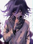  1boy buttons checkered_clothes checkered_scarf closed_mouth danganronpa_(series) danganronpa_v3:_killing_harmony double-breasted flipped_hair hair_between_eyes hand_up highres index_finger_raised jacket long_sleeves looking_at_viewer male_focus medium_hair multicolored_background multicolored_hair oma_kokichi scarf smile solo translation_request two-tone_hair urami0310 violet_eyes white_background 