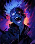 1boy artist_name black_coat coat deltapork electricity gojou_satoru jujutsu_kaisen looking_at_viewer male_focus multicolored_background multicolored_eyes open_mouth screaming short_hair signature smile solo teeth unusually_open_eyes upper_body