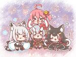  &gt;_&lt; &gt;_o 4girls ahoge animal_ear_fluff animal_ears beamed_sixteenth_notes bell black_hair black_kimono black_shirt black_shorts black_skirt black_thighhighs blue_neckerchief blush braid chibi detached_sleeves eighth_note fox_ears fox_girl fox_tail hair_bell hair_between_eyes hair_ornament hairclip hololive horns japanese_clothes kimono long_hair looking_at_viewer mitarashi_neko multicolored_hair multiple_girls musical_note nakiri_ayame neckerchief necktie one_eye_closed one_side_up oni_horns ookami_mio open_mouth outstretched_arms pentagram pink_hair quarter_note red_kimono red_necktie redhead sakura_miko shirakami_fubuki shirt short_shorts shorts sidelocks single_braid single_thighhigh skirt streaked_hair tail tail_around_own_leg thigh-highs thigh_strap tongue tongue_out virtual_youtuber white_hair white_shirt wolf_ears wolf_girl wolf_tail 