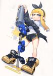  1girl black_jacket black_shorts blonde_hair blue_eyes blunt_bangs commentary e-liter_4k_(splatoon) earrings full_body hairband highres inkling inkling_girl jacket jewelry jinkobanana long_hair long_sleeves looking_at_viewer open_clothes open_jacket pointy_ears shirt shoes short_shorts shorts simple_background sneakers solo splatoon_(series) standing symbol-only_commentary tentacle_hair weapon white_shirt 