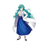  1girl alternate_costume aqua_hair black_footwear blue_skirt breasts closed_mouth flower_pin full_body game_cg glasses hair_over_one_eye hand_in_pocket high_heels highres jewelry kazami_yuuka kazami_yuuka_(cell-fused_kaiju) lab_coat long_hair long_skirt looking_at_viewer pendant plaid plaid_skirt red_eyes rotte_(1109) simple_background skirt solo sweater third-party_source touhou touhou_lost_word turtleneck wavy_hair white_background white_sweater 