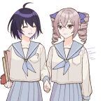  2girls ^_^ ahoge alternate_costume blue_hair blue_headwear blue_skirt bronya_zaychik closed_eyes collarbone colored_inner_hair crossed_bangs grey_eyes grey_hair holding_hands honkai_(series) honkai_impact_3rd looking_at_another multicolored_hair multiple_girls pocket sailor_collar sakanomachico seele_vollerei short_hair simple_background skirt smile standing upper_body white_background white_sleeves yuri 