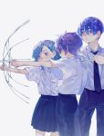  1girl 2boys aiming blue_eyes blue_hair blue_necktie blue_skirt bow_(weapon) broken_umbrella bullying collared_shirt commentary_request cowboy_shot drawing_bow dress_shirt from_side glasses gr_7 hair_ornament hairclip highres holding holding_bow_(weapon) holding_umbrella holding_weapon looking_to_the_side multiple_boys necktie original outstretched_arm pleated_skirt purple_hair school_uniform shirt shirt_tucked_in short_sleeves simple_background skirt standing swept_bangs umbrella violet_eyes weapon white_background white_shirt 