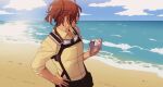  1girl aquiline_nose breasts brown_hair clouds commentary conch goggles goggles_around_neck hand_on_own_hip hange_zoe hanpetos holding ocean ponytail shingeki_no_kyojin sky sleeves_rolled_up small_breasts solo upper_body 