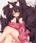  1girl animal_ears aridonall blue_eyes blush breasts brown_hair cleavage commission female fox_ears fox_girl fox_tail kitsune long_hair medium_breasts multiple_tails no_pants off_shoulder oversized_clothes plushmallow solo solo_focus sweater twintails very_long_hair wavy_hair wink 