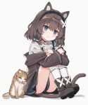  1girl absurdres animal_ear_fluff animal_ears black_choker black_hairband black_skirt black_vest boots brown_coat brown_footwear brown_hair cat cat_ears cat_girl cat_tail choker coat frilled_socks frills full_body grey_eyes hairband highres hugging_own_legs knees_to_chest kurioshi_fio long_sleeves looking_at_viewer medium_hair off_shoulder original satou_(3366_s) shirt simple_background sitting skirt smile socks tail vest white_background white_shirt white_socks 