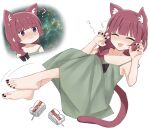  1girl :3 ? absurdres alcohol_carton animal_ear_fluff animal_ears balancing barefoot black_bow black_nails blunt_bangs bocchi_the_rock! bow braid cat_day cat_ears cat_tail closed_eyes commentary dress drunk green_dress hair_bow hair_over_shoulder highres hiroi_kikuri marumaruru meme multiple_views paw_pose purple_hair single_braid space_cat_(meme) tail violet_eyes 