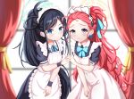  2girls absurdly_long_hair absurdres apron aris_(blue_archive) aris_(maid)_(blue_archive) black_hair blue_archive blue_eyes blurry bow commentary_request curtains depth_of_field forehead frilled_apron frills hair_bow hair_ribbon halo highres holding_hands indoors interlocked_fingers long_hair looking_at_viewer maid maid_apron maid_headdress multiple_girls official_alternate_costume official_alternate_hairstyle parted_bangs ponytail redhead ribbon short_sleeves sidelocks smile uro30 very_long_hair wavy_hair white_apron window wristband yuzu_(blue_archive) yuzu_(maid)_(blue_archive) 
