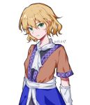  1girl arm_warmers black_shirt blonde_hair brown_jacket chinese_commentary closed_mouth commentary_request green_eyes hair_between_eyes highres jacket mizuhashi_parsee sanwanbaqiannian scarf shirt short_hair short_sleeves simple_background solo touhou upper_body wavy_hair white_background white_scarf 