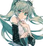  1girl :o bare_shoulders black_sleeves blue_eyes blue_hair collared_shirt deep_(deep4946) detached_sleeves floating_hair frilled_shirt frills green_nails green_necktie hair_between_eyes hand_on_own_chest hand_up hatsune_miku highres long_bangs long_hair long_sleeves looking_at_viewer nail_polish necktie open_mouth shirt sidelocks simple_background sleeveless sleeveless_shirt solo twintails upper_body vocaloid watermark white_background white_shirt 