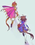  2girls ahoge animal_ears armor bag blue_skirt blue_vest boots brown_hair cape crown gloves high_heels highres holding_another&#039;s_wrist horse_ears horse_girl horse_tail long_sleeves meisho_doto_(umamusume) mini_crown multiple_girls orange_hair pink_cape qing_(sankakuosushi) running shadow shirt short_hair shoulder_armor shoulder_bag simple_background skirt t.m._opera_o_(umamusume) tail tail_through_clothes thigh-highs twitter_username umamusume vest white_footwear white_gloves white_shirt white_thighhighs yellow_footwear 