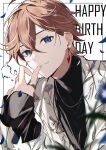 1boy alternate_costume black_sweater blue_eyes blue_flower blurry blush closed_mouth collared_jacket crystal_earrings earrings english_text flower genshin_impact hair_between_eyes hand_up happy_birthday highres jacket jewelry leaf long_sleeves looking_at_viewer male_focus open_clothes open_jacket orange_hair petals ring short_hair simple_background single_earring smile solo sweater tartaglia_(genshin_impact) turtleneck turtleneck_sweater white_background white_jacket yui_(linaw-key08)