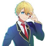  1boy absurdres blazer blonde_hair blue_eyes blue_jacket closed_mouth collared_shirt commentary_request dress_shirt eastman hair_between_eyes hand_up highres hoshino_aquamarine jacket long_sleeves looking_at_viewer making-of_available male_focus mismatched_pupils necktie no_pupils oshi_no_ko red_necktie school_uniform shadow shirt short_hair simple_background smile solo star-shaped_pupils star_(symbol) symbol-shaped_pupils upper_body white_background white_shirt youtou_high_school_uniform 