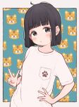  1girl 1ssakawaguchi absurdres ahoge black_hair blue_eyes blush bob_cut chinese_zodiac hand_on_own_hip highres looking_at_viewer original paw_print shirt short_hair solo t-shirt tiger upper_body v year_of_the_tiger 