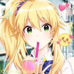  1girl ahoge alternate_hairstyle blonde_hair blue_bow blue_bowtie blurry blurry_background blush bow bowtie breasts bubble_tea cream cup drinking_straw emoji green_eyes hair_ornament hair_scrunchie hand_up heart holding holding_cup hoshii_miki idolmaster idolmaster_(classic) idolmaster_million_live! idolmaster_million_live!_theater_days long_hair looking_at_viewer medium_breasts mouth_hold onigiri_earrings photo_background purple_scrunchie scrunchie shirt side_ponytail solo sparkle tao_tao_mao twitter_username upper_body white_shirt 