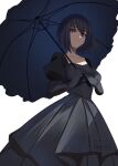  1girl alternate_costume black_dress black_gloves black_umbrella breasts closed_mouth collarbone commentary_request dress gloves hair_between_eyes highres holding holding_umbrella juliet_sleeves kuonji_alice long_sleeves looking_at_viewer mahou_tsukai_no_yoru medium_breasts parasol puffy_sleeves shintyoi2 short_hair simple_background smile solo umbrella violet_eyes white_background 