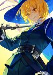  1girl belt black_belt black_jacket blonde_hair blue_cape blue_headwear blue_necktie cape collared_shirt don_quixote_(limbus_company) grin hat_feather highres holding holding_sword holding_weapon jacket limbus_company looking_at_viewer necktie project_moon sheath shirt short_hair simple_background smile solo sword szztzzs weapon white_background white_shirt yellow_eyes 