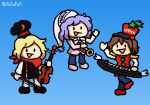  3girls :d artist_name band_uniform black_eyes black_footwear blonde_hair blue_hair bow_(music) brown_hair buttons character_name chef_hat chibi commission cosplay crackle_(rice_krispies) crackle_(rice_krispies)_(cosplay) crescent crossover full_body hat highres holding holding_instrument instrument kellogg&#039;s keyboard_(instrument) light_blue_background light_blue_hair lunasa_prismriver lyrica_prismriver merlin_prismriver multiple_girls necktie nightcap no_eyebrows no_nose open_mouth parody pink_footwear pop_(rice_krispies) pop_(rice_krispies)_(cosplay) potatoyi red_footwear red_necktie rice_krispies scarf shoes shooting_star short_hair simple_background smile snap_(rice_krispies) snap_(rice_krispies)_(cosplay) star_(symbol) touhou trumpet twitter_username uniform violin wide_sleeves wings 