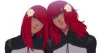  2girls blunt_bangs commentary devola eyebrows_hidden_by_hair flower green_eyes hair_flower hair_ornament hanpetos head_tilt multiple_girls nier:automata nier_(series) parted_lips popola redhead siblings sisters straight_hair twins wavy_hair 