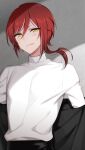  1boy absurdres asymmetrical_hair closed_mouth commentary_request ensemble_stars! highres li_(rkce2433) long_sleeves looking_at_viewer male_focus multicolored_hair redhead sakasaki_natsume short_hair solo streaked_hair sweater tongue tongue_out turtleneck turtleneck_sweater two-tone_hair upper_body white_hair white_sweater yellow_eyes 