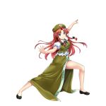  1girl :&gt; beret black_footwear braid breasts chinese_clothes closed_mouth embodiment_of_scarlet_devil full_body game_cg green_eyes green_headwear green_skirt hat hat_ornament highres hong_meiling large_breasts long_hair looking_at_viewer parted_bangs redhead rotte_(1109) short_sleeves side_braids simple_background skirt smile solo star_(symbol) star_hat_ornament third-party_source touhou touhou_lost_word twin_braids white_background 