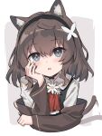  1girl afterimage animal_ear_fluff animal_ears arm_support black_choker black_hairband black_vest brown_coat brown_hair cat_ears cat_girl cat_tail choker coat grey_eyes hairband head_rest highres kurioshi_fio long_sleeves looking_at_viewer medium_hair off_shoulder open_clothes open_coat open_mouth original satou_(3366_s) shirt simple_background tail tail_wagging vest white_shirt 