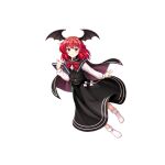  1girl alternate_hair_length alternate_hairstyle bat_wings black_cape black_skirt black_vest book bow bowtie cape closed_mouth embodiment_of_scarlet_devil full_body game_cg head_wings highres holding holding_book koakuma looking_at_viewer red_bow red_bowtie red_eyes redhead rotte_(1109) shirt short_hair short_sleeves simple_background skirt smile socks solo third-party_source touhou touhou_lost_word vest white_background white_shirt white_socks wings 