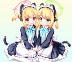  2girls :d absurdres alternate_costume animal_ear_headphones animal_ears aqua_bow aqua_bowtie blonde_hair blue_archive blunt_bangs bow bowtie cat_ear_headphones cat_tail commentary_request fake_animal_ears fake_tail green_eyes hair_bow hair_ribbon halo headphones highres holding_hands long_sleeves looking_at_viewer maid maid_headdress midori_(blue_archive) midori_(maid)_(blue_archive) momoi_(blue_archive) momoi_(maid)_(blue_archive) multiple_girls no_shoes official_alternate_costume official_alternate_hairstyle pantyhose parted_bangs ribbon short_hair siblings sidelocks simple_background sisters sitting smile tail tamagotchi twins uro30 violet_eyes wariza white_pantyhose 