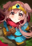  1girl animal_ears blue_tunic blurry brown_eyes brown_gloves brown_hair circlet cosplay depth_of_field dog_ears dragon_quest dragon_quest_iii extra_ears from_above full_body gloves hair_between_eyes highres hololive inugami_korone leather leather_gloves long_hair looking_at_viewer pants parted_lips red_scarf roto_(dq3) roto_(dq3)_(cosplay) scarf solo star_(symbol) star_in_eye symbol_in_eye takumin_dx virtual_youtuber yellow_pants 