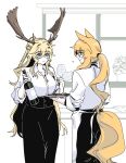  2girls animal_ears antlers apron arknights black_dress blonde_hair blue_eyes bottle collared_shirt cup deer_antlers deer_ears deer_girl dress food highres holding holding_bottle holding_cup holding_food horse_ears horse_tail implied_extra_ears kitchen kotcate long_hair multiple_girls nearl_(arknights) ponytail shirt tail viviana_(arknights) white_shirt 