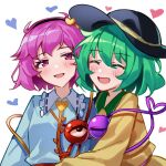  2girls absurdres ailu_elf black_hairband black_headwear blue_shirt blush closed_eyes collared_shirt eyeball frilled_shirt frills green_hair hair_between_eyes hair_ornament hairband hat hat_ribbon heart heart_hair_ornament heart_of_string highres komeiji_koishi komeiji_satori long_sleeves multiple_girls open_mouth pink_eyes pink_hair ribbon shirt short_hair siblings simple_background sisters smile third_eye touhou white_background yellow_ribbon yellow_shirt 