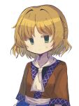  1girl black_shirt blonde_hair brown_jacket closed_mouth colored_eyelashes film_grain flat_chest green_eyes highres jacket mizuhashi_parsee no_nose shirt short_hair short_sleeves simple_background solo sweat touhou tuijian_bot upper_body white_background 