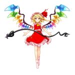  1girl ascot blonde_hair closed_mouth crystal embodiment_of_scarlet_devil flandre_scarlet frilled_skirt frills full_body game_cg hat hat_ribbon highres laevatein_(touhou) looking_at_viewer mob_cap one_side_up pink_headwear pink_socks rainbow_order red_eyes red_ribbon red_skirt red_vest ribbon rotte_(1109) short_sleeves simple_background skirt socks solo third-party_source touhou touhou_lost_word vest white_background wings yellow_ascot 