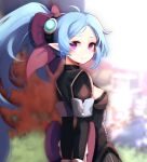  1girl arms_behind_back back_bow blue_hair blurry blurry_background bow cleavage_cutout closed_mouth clothing_cutout dungeon_and_fighter from_side grass hair_bow hwaryeok long_hair looking_at_viewer niu_(dungeon_and_fighter) outdoors ponytail smile solo violet_eyes 