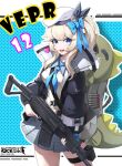  1girl absurdres beret black_jacket blonde_hair blue_bow blue_eyes bow breasts character_name copyright_name cowboy_shot girls_frontline grey_skirt gun hair_bow hat highres holding holding_gun holding_weapon jacket long_hair long_sleeves looking_at_viewer medium_breasts miniskirt nauc4338 open_clothes open_jacket open_mouth plaid plaid_skirt pleated_skirt shotgun side_ponytail skirt smile solo standing thigh_strap vepley_(girls&#039;_frontline_2) vepr-12 weapon white_headwear 