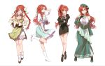  1girl alternate_costume bloomers blue_bow blue_dress blue_eyes bow braid china_dress chinese_clothes dress formal green_dress highres hong_meiling looking_at_viewer multiple_views redhead sarukana solo touhou twin_braids underwear white_background white_bloomers yellow_star 