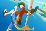  1boy black_eyes black_hair blue_shorts clenched_hand clouds cloudy_sky day elasticity hat jewelry leomezamx looking_at_viewer monkey_d._luffy necklace ocean one_piece outdoors sandals short_hair shorts sky smile solo solo_focus straw_hat teeth water 